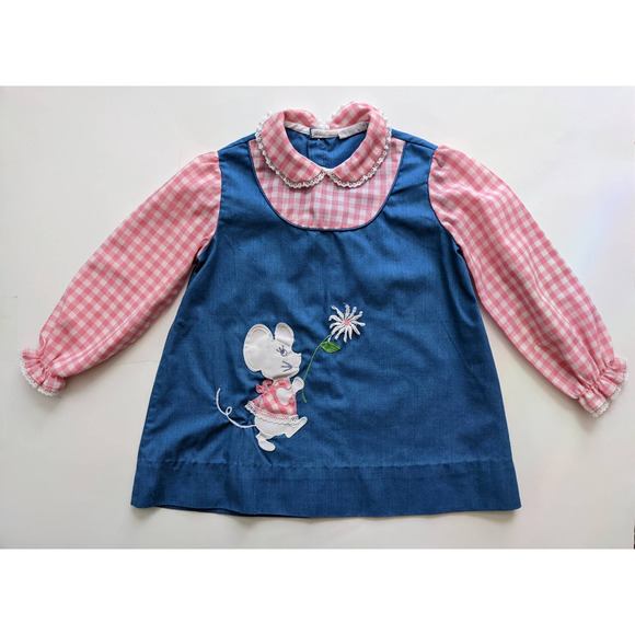 Vintage Girl's Jumper Dress Pink Gingham & Blue Cute Embroidered Mouse Detail - Picture 2 of 10